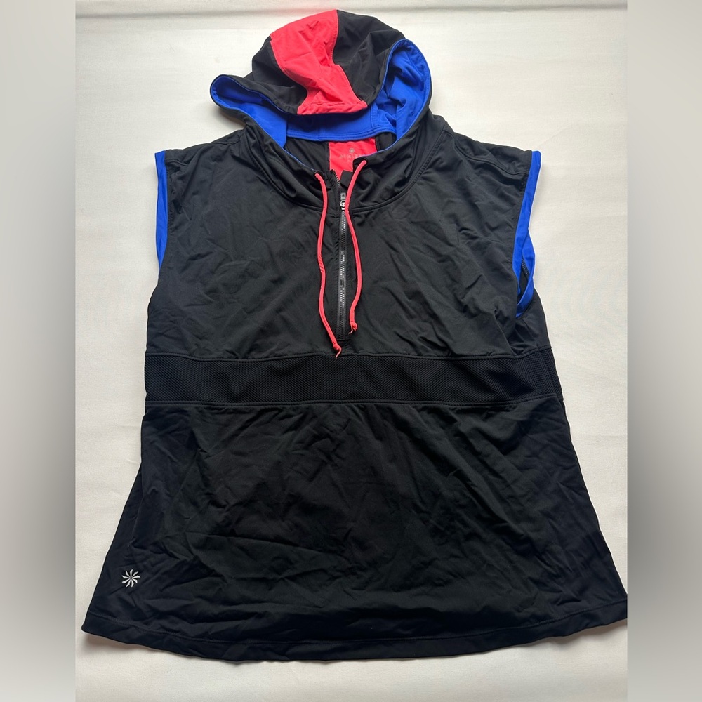 Athleta Black, blue and red Hooded Sleeveless running Top. Size L